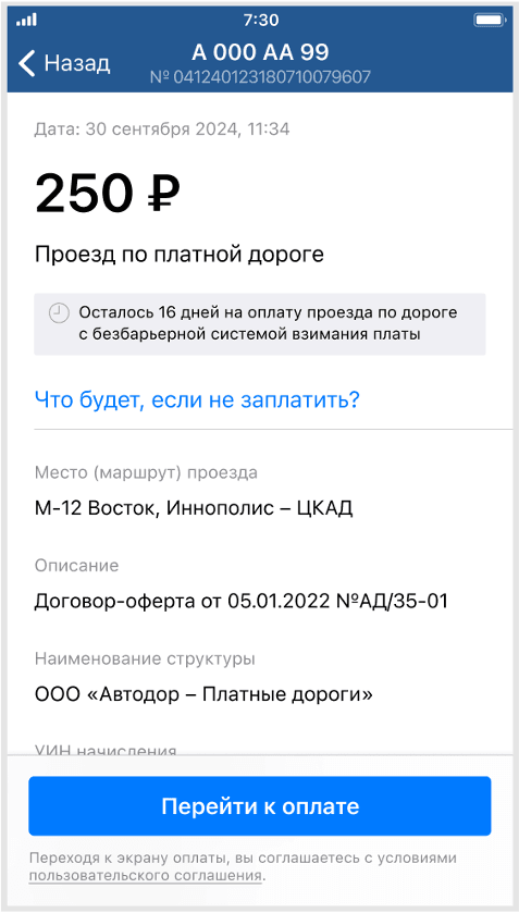 Пример проверки задолженности платных дорог